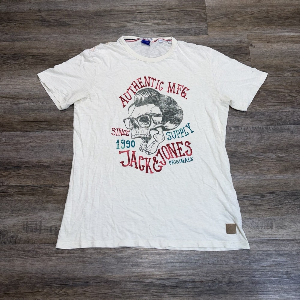 Jack & Jones Originals Graphic Shirt Mens XL Off-White Skull In Glasses Print